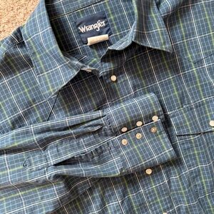 Wrangler Western Snap Shirt Men L Blue Green Plaid Long Sleeve Snap Buttons